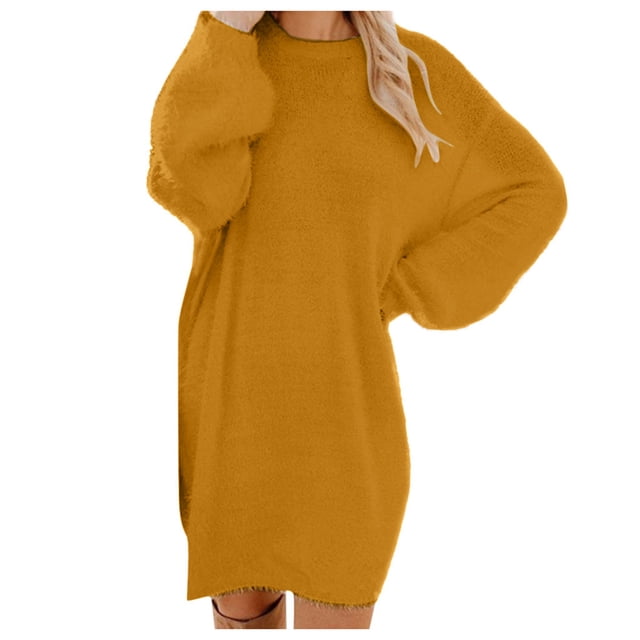 2025 Robe Chandail pour Femmes Femme Chandail d'Hiver Tricot Robe Chandail pour Femmes Col Roulé Chaud Manches Longues Manches Longues Robe Courte Poche