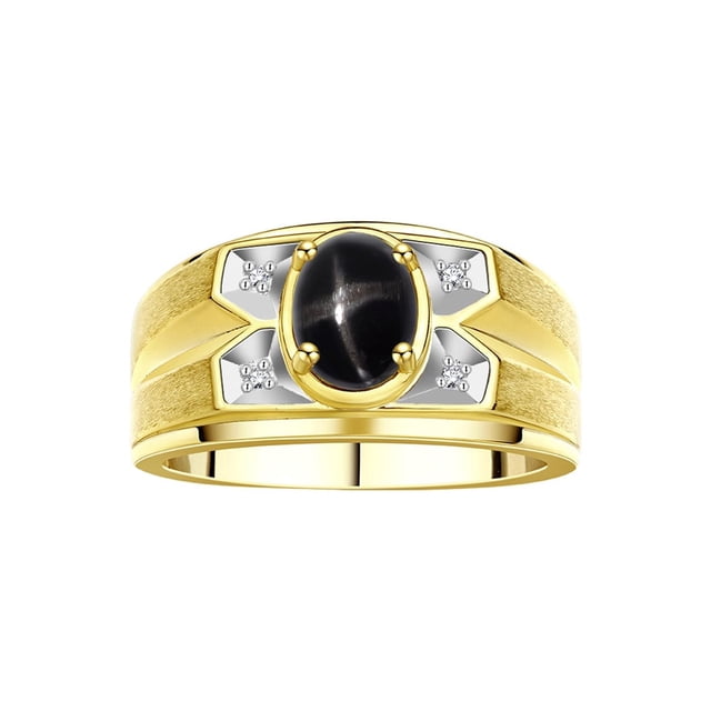 RYLOS Men's Rings 14K Yellow Gold Rings Classic Designer Style 8X6MM Gemstone & Diamond Ring Black Star Sapphire March Birthstone Rings For Men Size 13