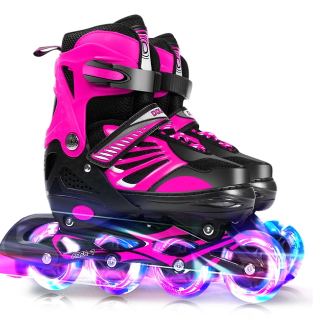 Inline Skates avec Roues Lumineuses Ajustables pour Jeunes Filles Garçons, Conçues en Rose et Noir. Comprend des Roues en PU Résistantes à l'Abrasion avec Roulements ABEC-7 pour un Roulement Fluide. Comprend 8 Roues Lumineuses Qui s'Illuminent Automatiquement, Aucune Pile Requise. Tailles Ajustables Convient aux Pointures 28-41, Idéal pour Enfants et Jeunes. Frein Efficace sur le Bon Patin Assure la Sécurité. Livré avec 3 Cônes d'Entraînement, un Boulon et 2 Clés Hexagonales.