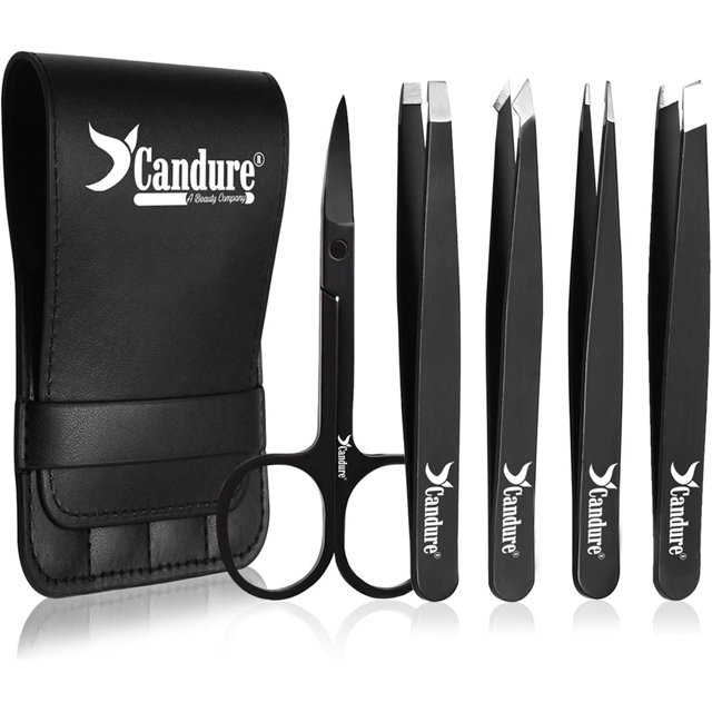 Eyebrow Tweezers Set for Professionals – Stainless Steel Precision Tweezers for Ingrown Hair, Facial Hair, Splinter and Blackhead Remover (Flat, Pointed, Slant, Point Slant Tip & Scissor)