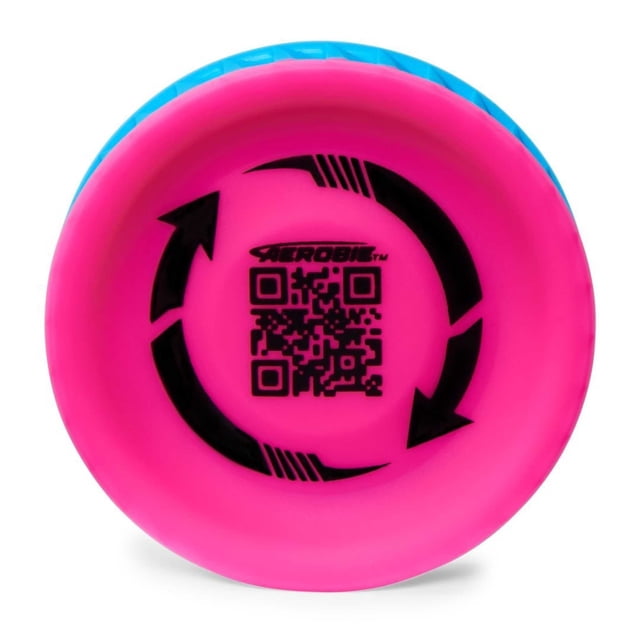 Aerobie Pro Lite Mini Flying Disc showing the pink underside with black circular arrows and a QR code in the center, featuring a blue outer rim. This compact 4.5-inch disc is aerodynamic and ideal for disc golf midrange play and casual catch.