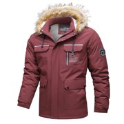 Red Coat for Man Winter Fall Long Sleeve Casual Thermal with Hood Plain Parkas Jacket Hoods Outerwear Mens Zip Up 2025 Clothing Y2K M