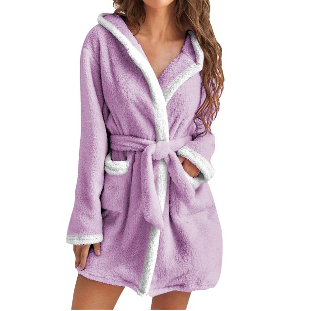 RXIRUCGD Mode Femmes Décontracté Uni Manches Longues Dames Ample Poche Garder au Chaud Peignoirs Faux Velours Tenue de Nuit Robe Chemises de Nuit( Violet, Taille:S )