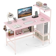 Costway 48" Computer Desk with Power Outlets, Reversible Office Desk with Storage Shelve Pink