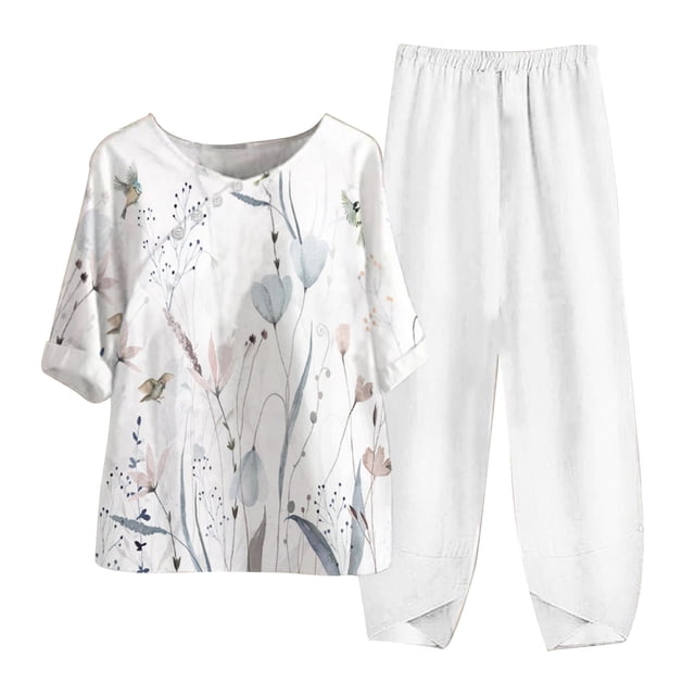 Mikilon Ensemble Élégant pour Femmes 2 Pcs Col Rond Manches Cinq-Quarts Haut Pantalon Impression Numérique Costume Deux Pièces Blanc TP