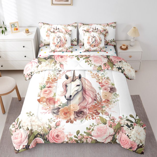 Ensemble de Literie Cartoon Unicorn Grand Lit 7 Pcs, Ensemble de Douillette Cheval Magique, Ensembles de Douillette d'Animaux Mignons Roses Rouges et Roses Lit Tout-en-un, Accessoires de Literie Aquarelle Dessinés à la Main pour Enfants Garçons Filles