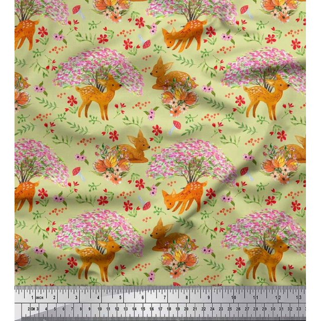 Soimoi Rayon Fabric Tree,Floral & Deer Animal Decor Fabric Printed Yard 56 Inch Wide