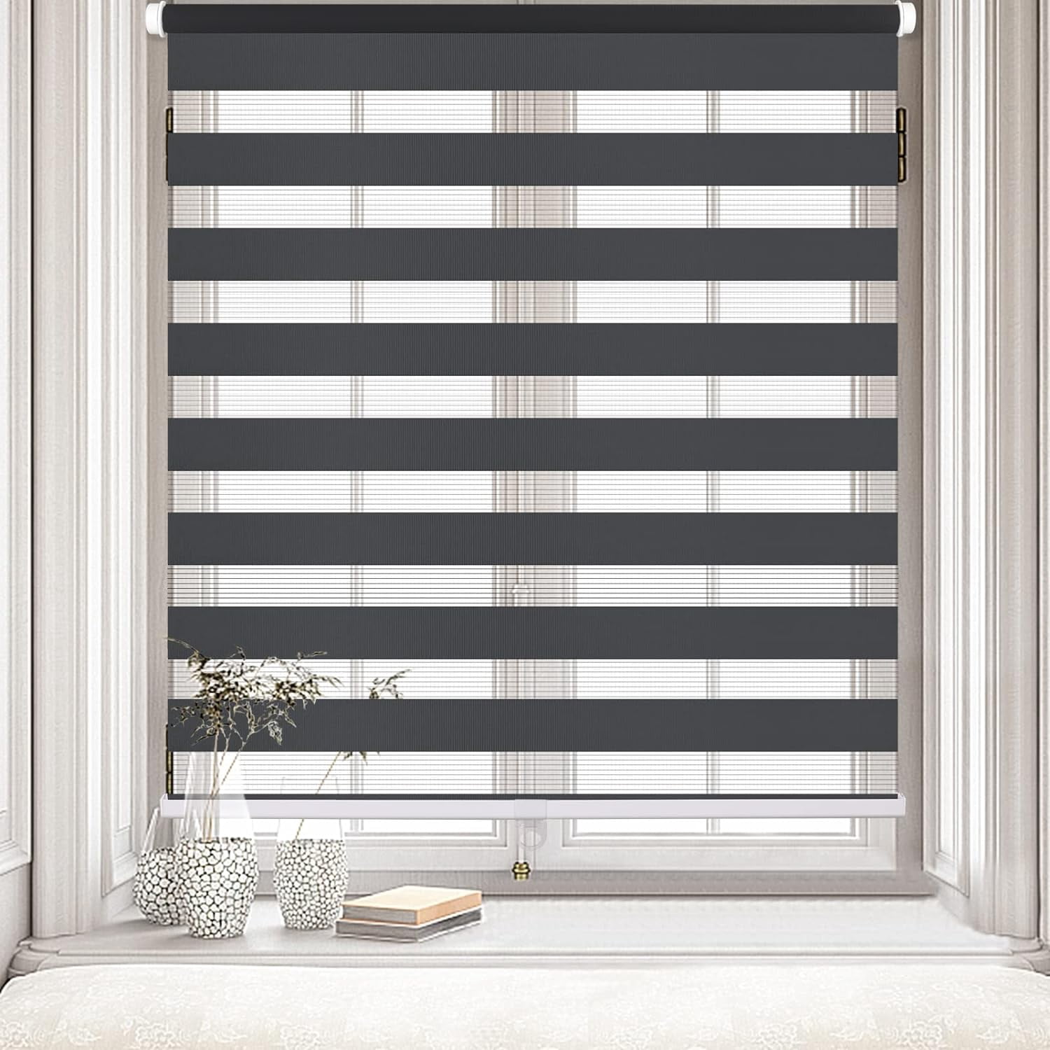 LUCKUP Cordless Zebra Blinds Roller shades for window Day and Night Blind Dual Layer Light Filtering Shade Light Control Room Darkening Horizontal Window Treatment 44" W X 72" H, Dark Grey