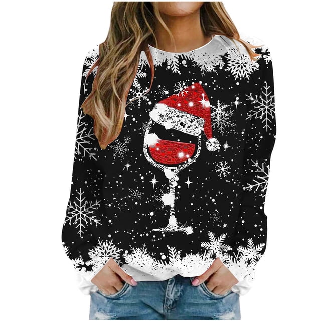 Pisexur Hauts de Noël pour Femmes Décontractés pour les Fêtes T-Shirts Imprimés Verre de Vin Rouge Col Rond Manches Longues Chemises Blouses Mode Automne Chandails à Enfiler