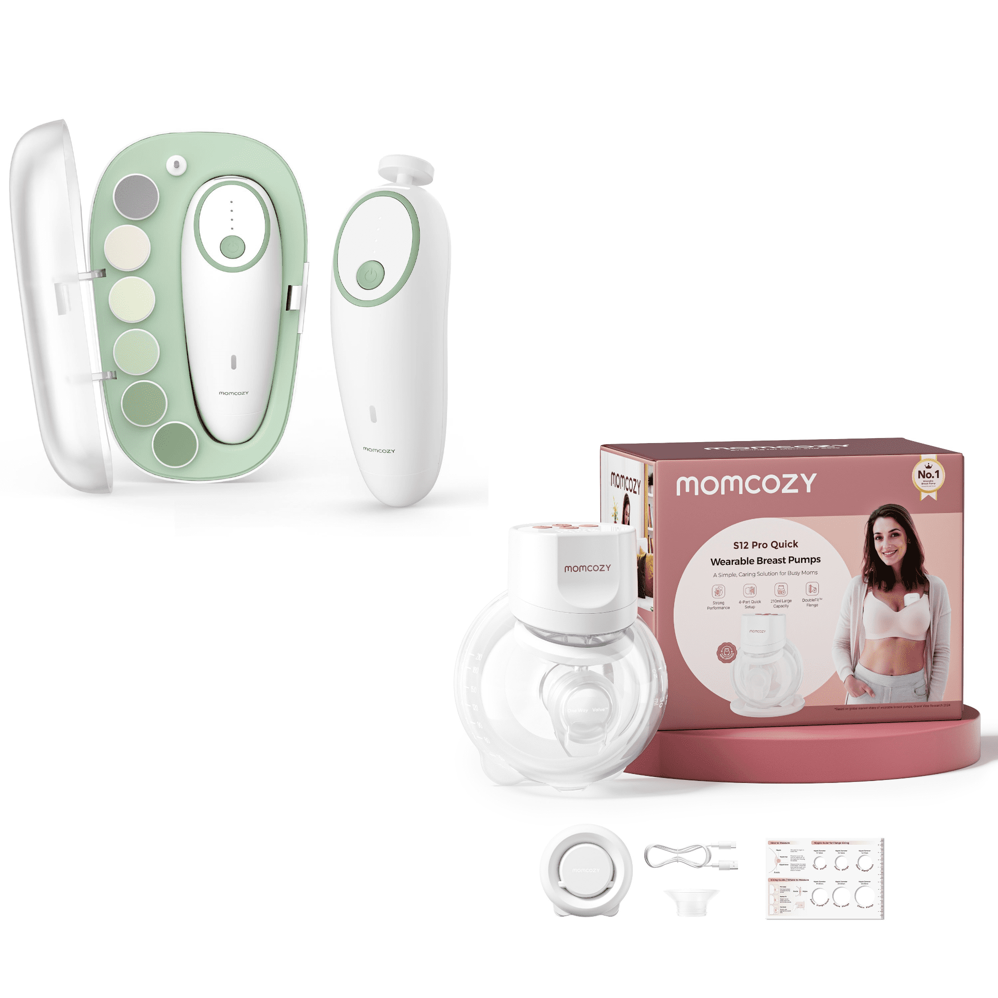 Momcozy Hands-Free Breast Pump S12 Pro Quick Wearable,Breast Pumps 2 Count, White & Momcozy Baby Nail File Electric Green 1 Count