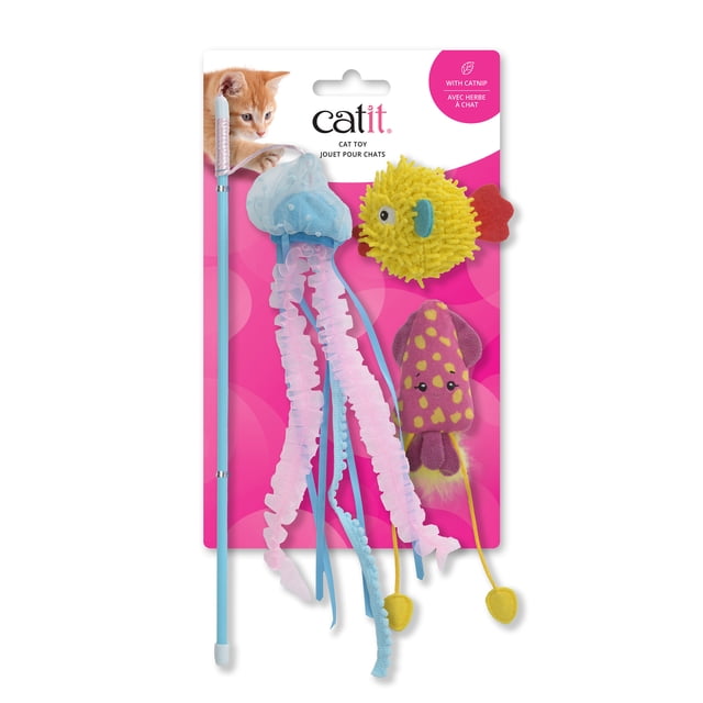 Catit Sea Animal Cat Toy, 3pk with a blue wand and three plush sea creatures: a yellow fish with a red tail, a blue jellyfish with pink ruffled tentacles, and a purple squid with yellow spots and dangling feet, infused with catnip to encourage active play and stimulate natural hunting instincts in cats.