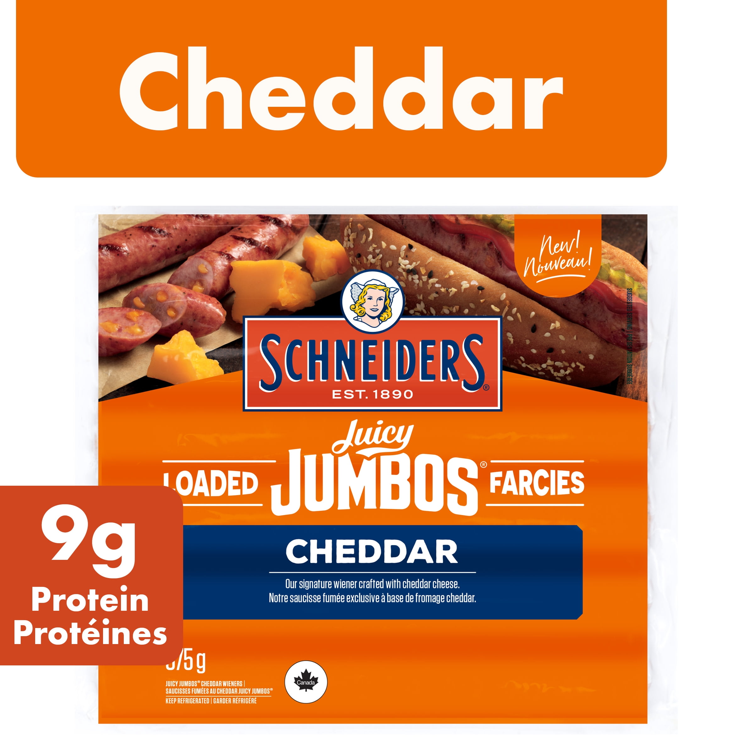 Schneiders Juicy Jumbos® Loaded Cheddar Hot Dogs, 375 g
