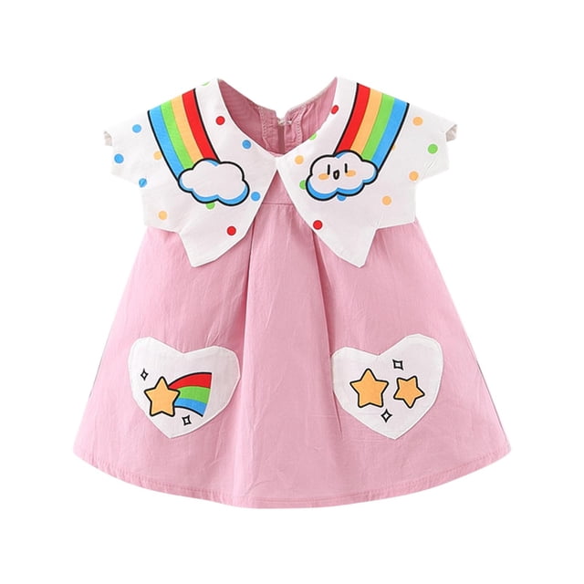 Penkiiy Robe d'Été Sans Manches à Col Poupée Imprimé Arc-en-Ciel pour Bébé Fille 2-3 Ans Rose en Liquidation