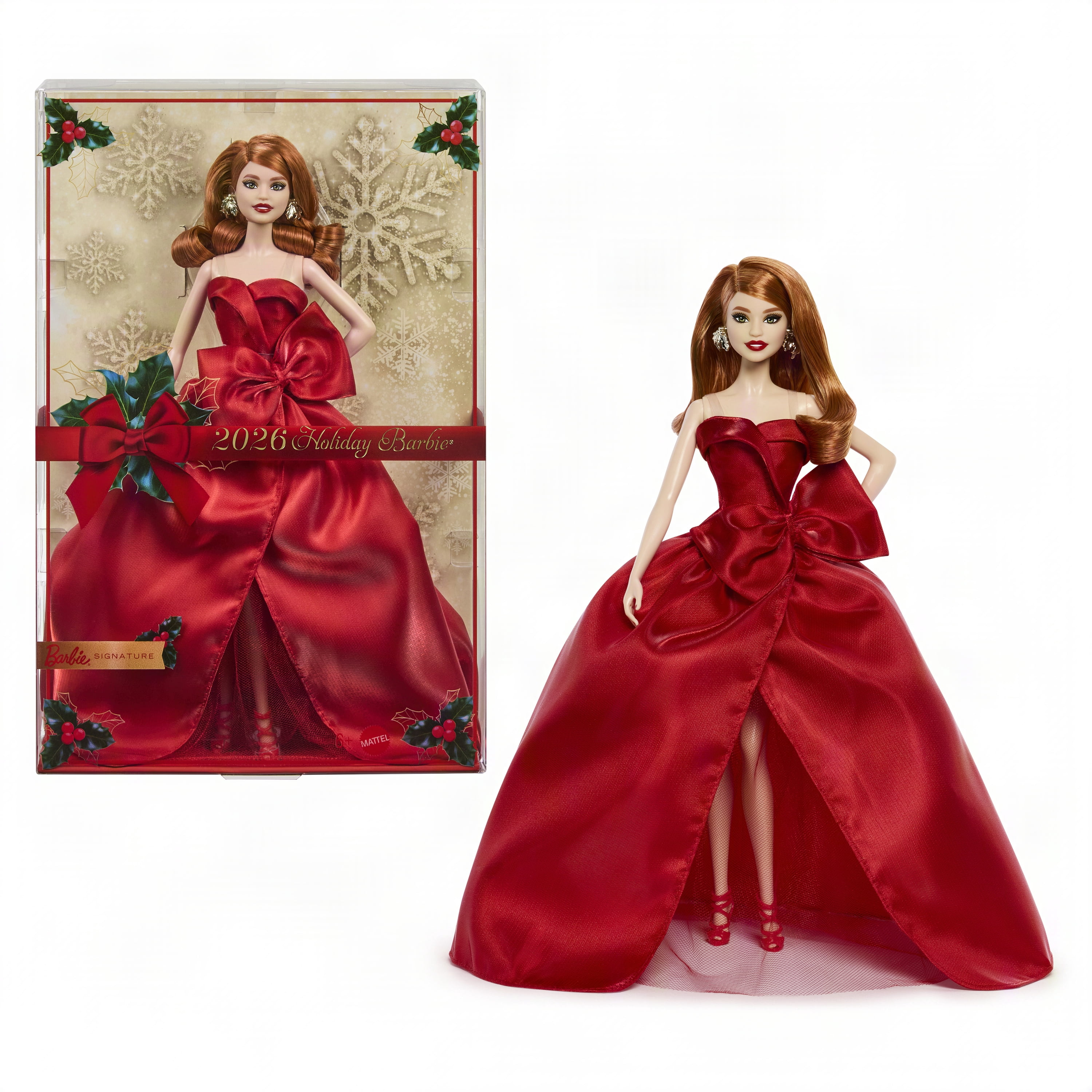 Poupée mode Barbie Joyeux Noël 2026​Barbie Signature, poupée saisonnière à collectionner, cheveux roux, robe rouge avec nœud