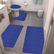Foam Bath Mat 4 Set, Xinsrenus Soft Water Absorption Non-Slip Thick Bathroom Rugs, Machine Washable Quick Dry Velvet Fleece Bath Mats for Toilet Floor Tub Shower, Blue