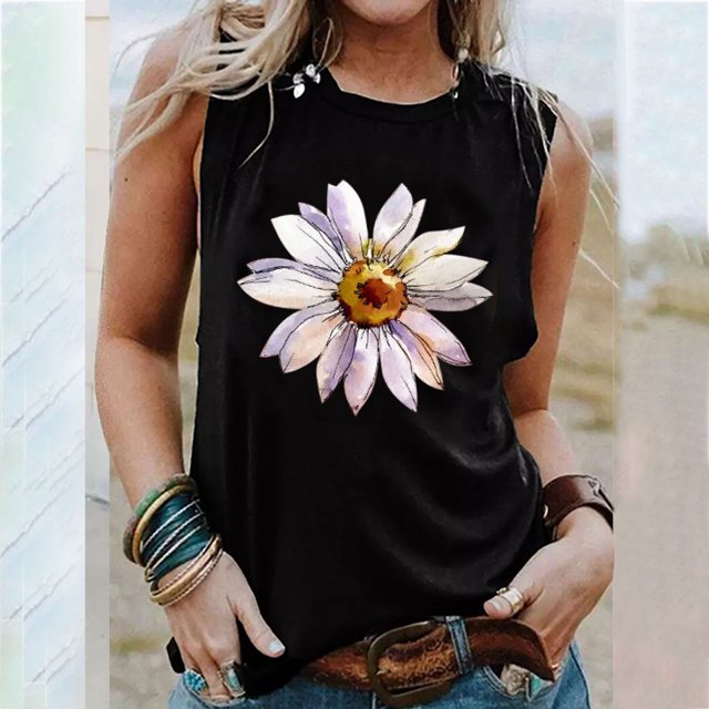EGNMCR Camisoles pour Femmes T-Shirt d'Été Décontracté à Imprimé à Col Rond Ample Sans Manches pour Femme