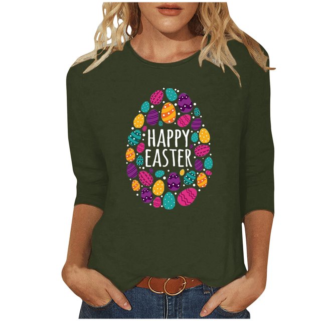RKSTN Hauts Grande Taille pour Femmes Ufs de Pâques Mignons Imprimés Lapin Coupe Ample Col Rond Manches 3/4 Printemps Été Blouse Douce