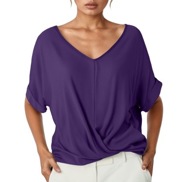 Lixiuxyad T-shirt Élégant à Manches Courtes à Col en V Uni pour Femmes Violet m
