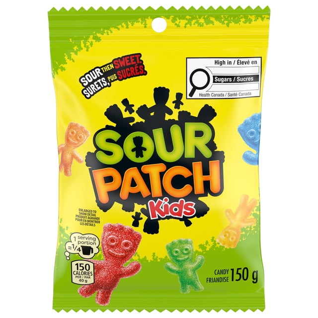 Sour Patch Kids Candy Sac de 150 g avec Bonbons Gélifiés Multicolores Doux et Moelleux en Forme de Bonbons Ludiques pour Enfants en Rouge, Bleu, orange, Jaune et Vert. le Sac Scellé Présente la signature Saveur Aigre Puis Sucrée, le Nombre de Calories et l'Avertissement Sucre de Santé Canada.