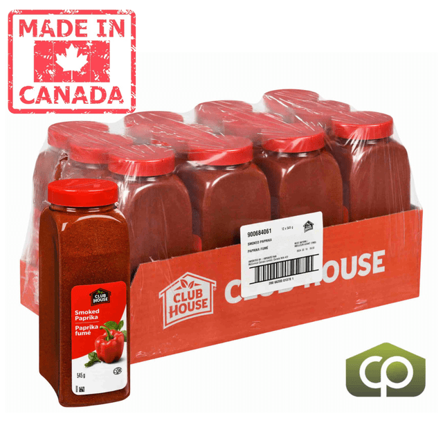 Clubhouse Spice Paprika Smoked 545 GR (1.20 lbs) (12/Case) front-facing clear PET bottle of red-orange ground smoked paprika with fine, slightly oily texture, freshness seal and shaker/pour cap visible; sold in 12-count case and suitable for seasoning chicken, pork, fish, stews and rice.