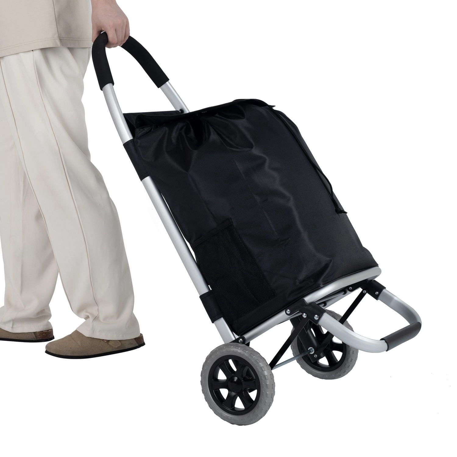 Chariot de course de luxe à 1 compartiment Mainstays avec cadre en aluminium, chariots, chariot utilitaire pliable et chariot d'épicerie pliable avec sac en polyester