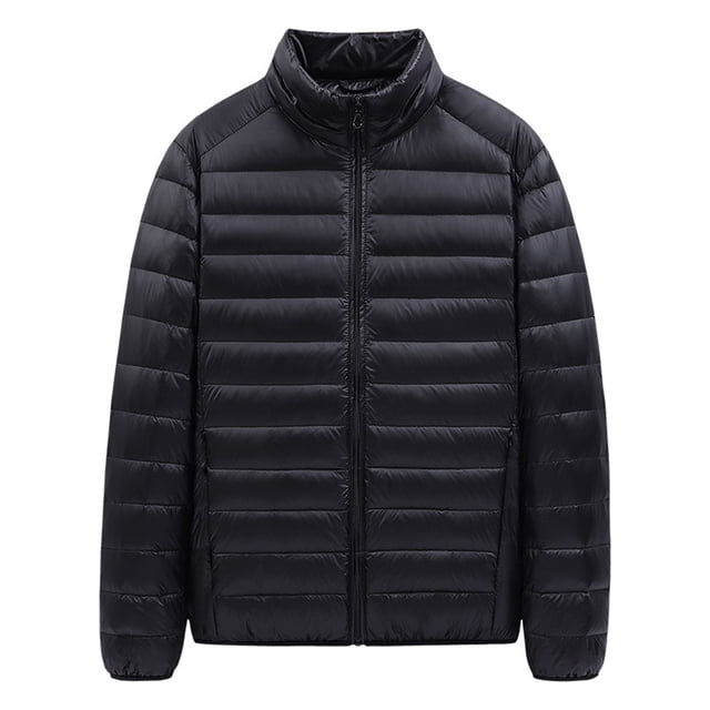 MAWCLOS Mens Windproof Solid Color Coat Winter Packable Puffer Jacket in black, size 4XL. This men's jacket features a stand collar, full-zip front, and long sleeves. Made from 100% polyester, it is lightweight, water-resistant, and designed for warmth during autumn and winter. The solid black design includes two side pockets and a hip-length cut, suitable for casual wear, traveling, or outdoor activities.