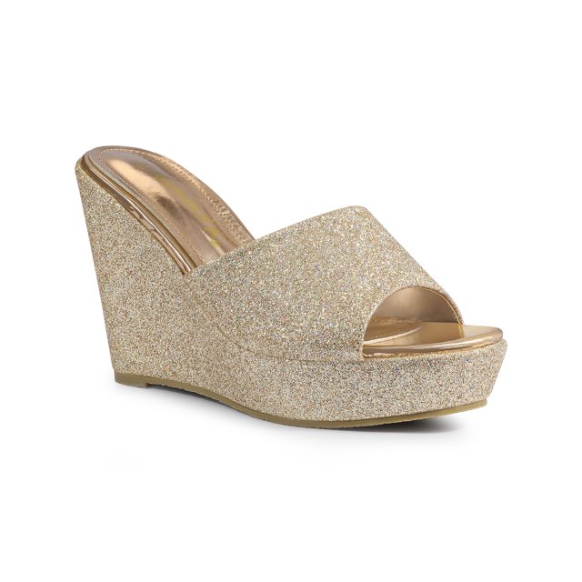BLISSFUL STEP Sandales à Talon Compensé à Paillettes pour Femmes, Mules à Plateforme à Bout Ouvert, Or 7