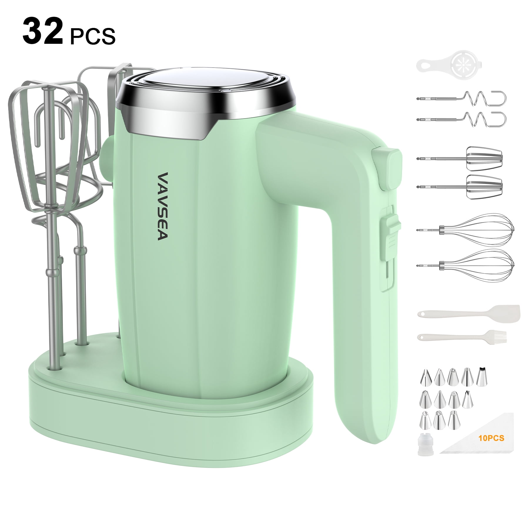 VAVSEA 500W Electric Hand Mixer with 5 Speeds & 32 Accessories, Handheld Mixer Includes 2 Whisks, 2 Dough Hooks, 2 Beaters, Cake Decorating Kit with Storage Base, New, Green