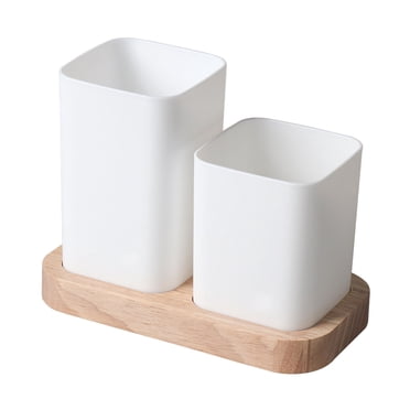 Caddy à Ustensiles de Cuisine, Conteneur de Rangement pour Vaisselle avec Base en Bois, Grande Capacité, 2 Compartiments