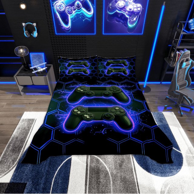 Erosebridal Kids Gamer Coverlet Set Queen, Neon Gradient Gamepad Bedding Set, Navy Blue Honeycomb Decor, Microfiber 3 Pieces