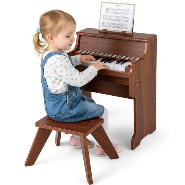 Costway 25 Keys Digital Piano with Music Stand Stool Lighted Keys Teaching Mode for 3+ Kids Brown. A child seated on a sturdy wooden stool playing the compact brown digital piano with 25 touch-sensitive keys. The piano features a detachable music stand holding sheet music, rounded corners for safety, and an interactive teaching mode with lighted keys, making it an ideal educational gift.