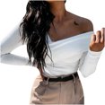 thumbnail image 2 of Mikilon Women Solid Slim Fit Off Shoulder Pullover Long Sleeve Blouse Tops, 2 of 8