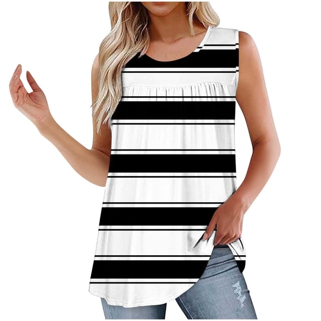 UPPADA Camisoles Mignonnes pour Femmes Tendance Col Rond à Fleurs Hauts d'Été Sans Manches Blouses Chic Décontracté Débardeurs Graphiques Noir,P