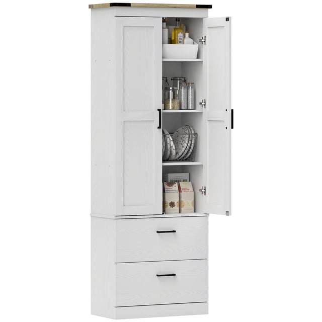 HOMCOM 67" Tall Kitchen Pantry Cabinet with Adjustable Shelves in cream white finish and retro brown top. Features a 4-tier design with two drawers, magnetic doors, customizable 3-level adjustable shelves, and an anti-tipping design for safety. Adds farmhouse charm to kitchen storage and organization.