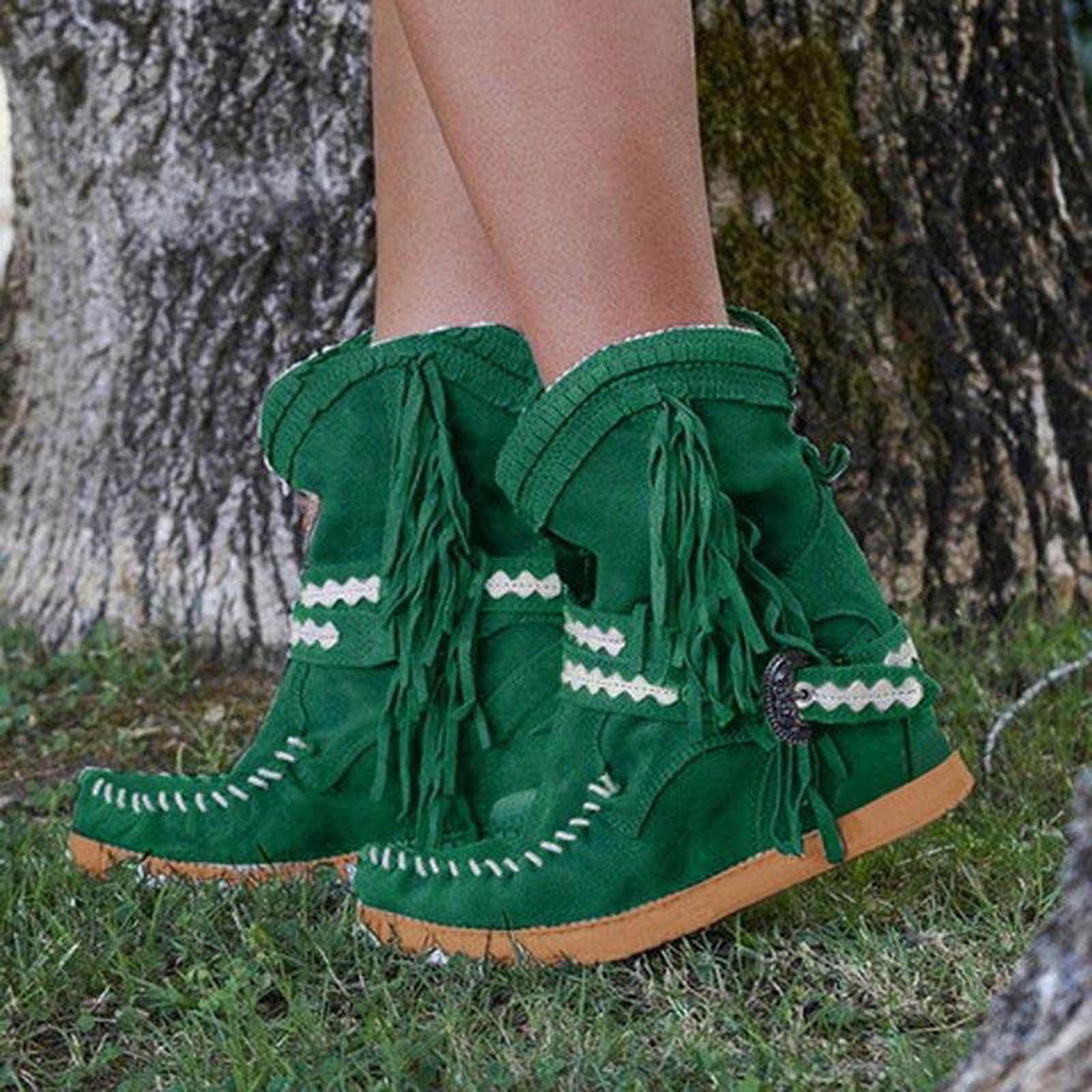 Bottes Courtes à Bout Rond, Talon Plat, Plateforme en Suède, Boucle de Ceinture Plate, Franges, Bottes pour Femmes
