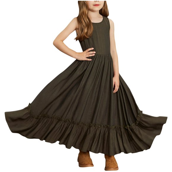 FAIWAD Girls Casual Maxi Flowy Dress Sleeveless Ruffle Holiday A-Line Dresses Wedding Party Tiered Tank Dress