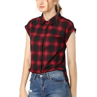 INSPIRE CHIC Chemise à Carreaux pour Femme à Col Pointu, Manches Courtes à Revers, Boutonnée, m Rouge