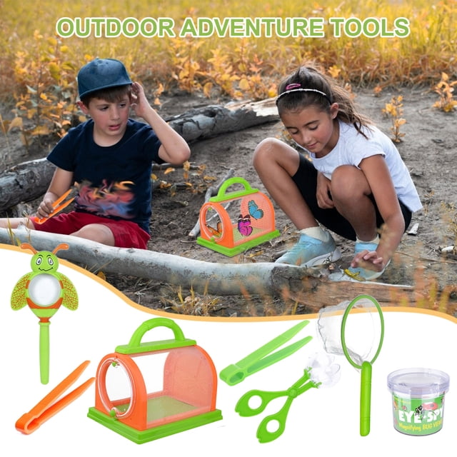 mtvxesu Pet Toy, Children's Outdoor Adventure Tools 7-piece set including an observation box, glass catcher, tweezers, insect cage, and magnifying tools. Designed for STEM learning and biology exploration, the image shows children outdoors using the tools to observe insects and nature. Bright orange and green colors make the set visually engaging for kids.