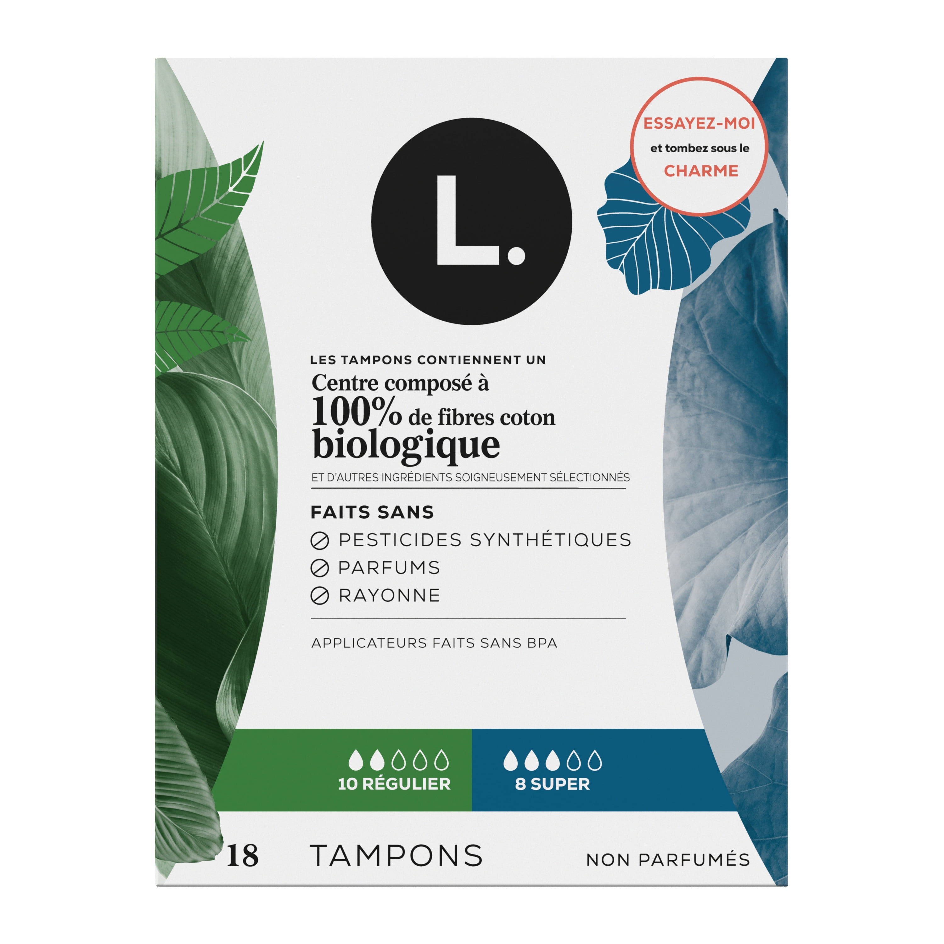 Tampons L., fabriqués à partir de coton biologique, degré d’absorption régulier/super, emballage multiple, sans pesticides synthétiques, rayonne ni parfums, 18 U