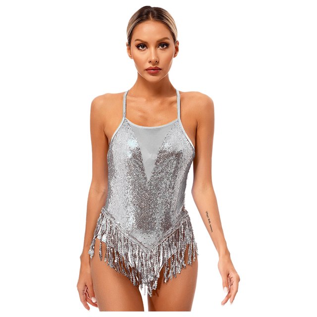 Aislor Justaucorps de Danse Latine à Franges à Sequins pour Femmes, Justaucorps, Hauts, Robe de Performance Tango Salsa Argent P