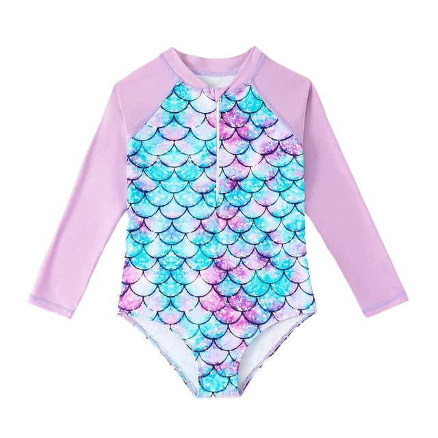 Kids Girls Rash Guard Bathing Suits Cartoon Sun Protection Long Sleeve Kids Swimsuit 6-7 Years Girls Clothing