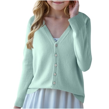 LOVZFMLL Girl's Sweater, V-Neck Ribbed Cardigan Solid Color, Casual Classic Comfy Everyday Button Outerwear Fall Winter Tops Teen Girls Clothes for 12-13 Years