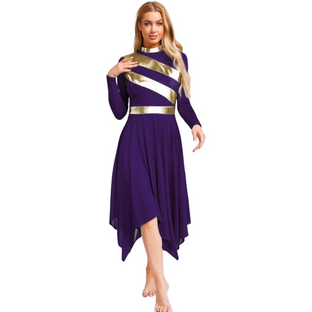 Hansber Robe de Louange Métallisée pour Femme à Manches Longues, Ourlet Irrégulier, Tunique, Costume de Performance, Violet, TG