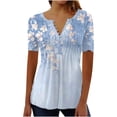 thumbnail image 2 of EGNMCR T-Shirts pour Femmes Femmes Mode Été Pli Imprimé Régulier Femmes Manches Courtes Col en V Bouton Haut, 2 of 3