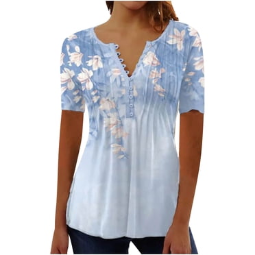 Pisexur Womens Blouses and Tops Dressy Summer Puff Short Sleeve Tunic Plus Size Tops Pleated Crew Neck Floral Shirts Blouses Casual Loose T-Shirts