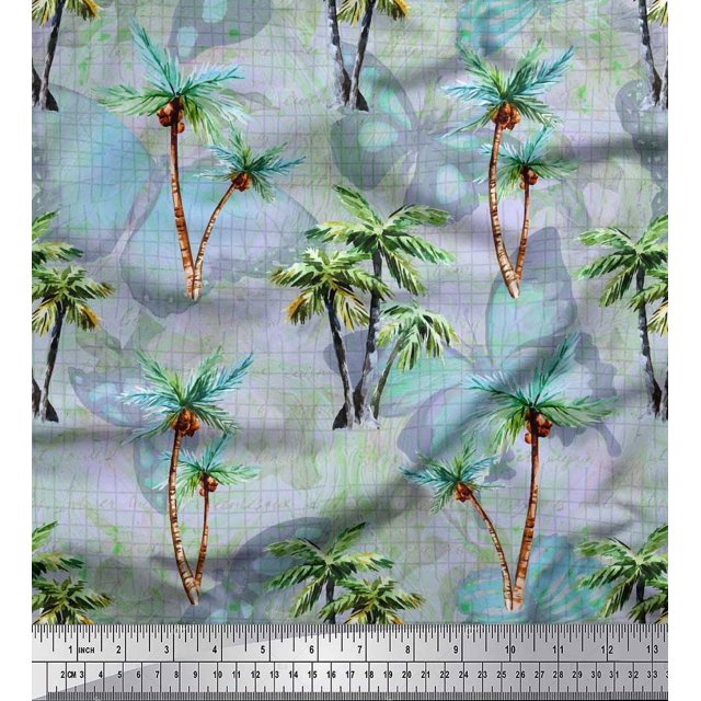 Soimoi Cotton Voile Fabric Check,Text & Coconut Tree Print Fabric by Yard 56 Inch Wide