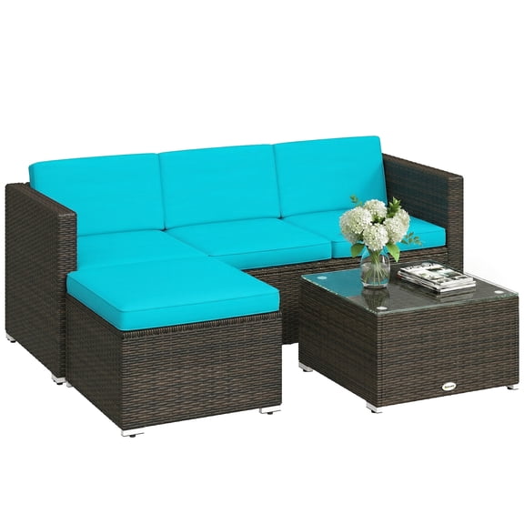 Outsunny Wicker Patio Furniture w/ Padded Cushions, Corner Sofa Sets, Turquoise