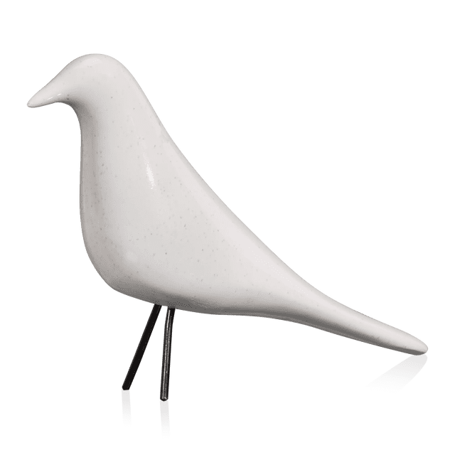 Bouclair Speckled Ceramic Decorative Bird featuring a smooth white speckled ceramic body with slender black metal legs, displayed in side profile, suitable as a decorative object or accent piece for home décor.