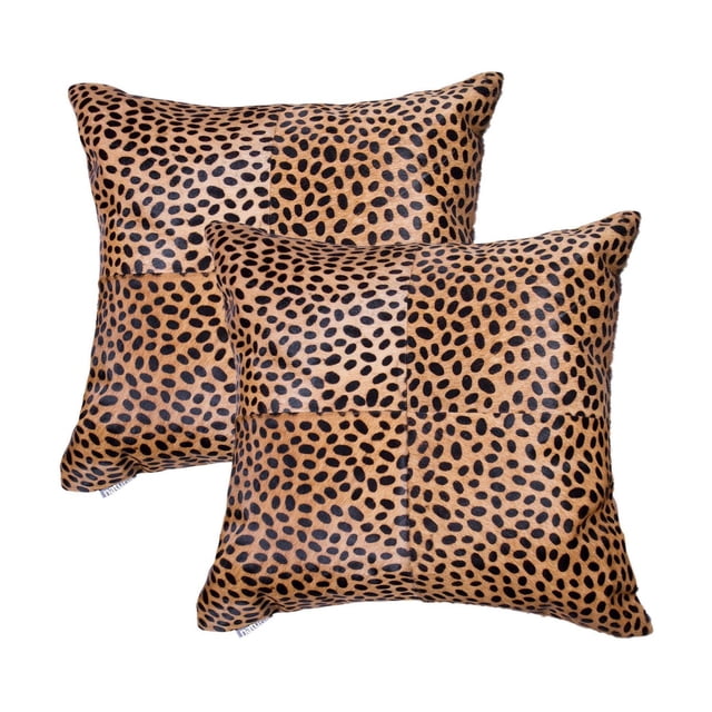 TORINO TOGO QUATTRO COWHIDE PILLOW 18"X18" 2-PACK with two hand-stitched square pillows made from 100% natural Indian cowhide featuring a black spotted pattern on tan hide, hidden zipper closure, polyfil insert, ideal for adding warmth to home décor and often used as stylish floor cushions.
