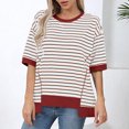 thumbnail image 1 of RXIRUCGD Hauts pour Femmes Décontractés Col Rond Manches Mi-Longues Ourlet Rayé Pull Tendance T-Shirts Blouse, Rouge, Taille : L, 1 of 6